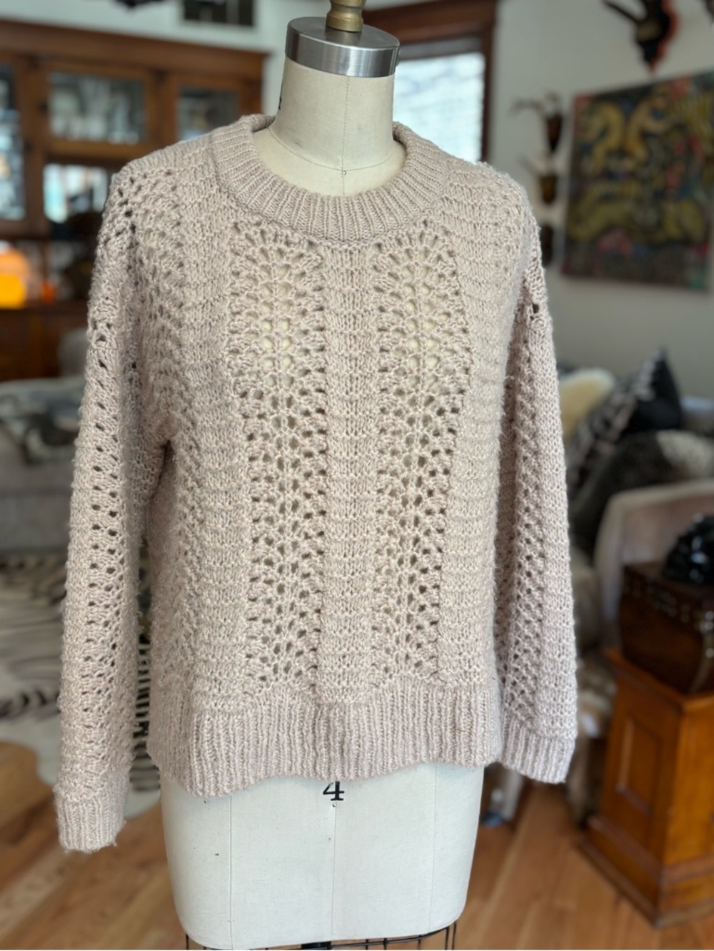 Madewell Openwork Crewneck Sweater in Blush Pink